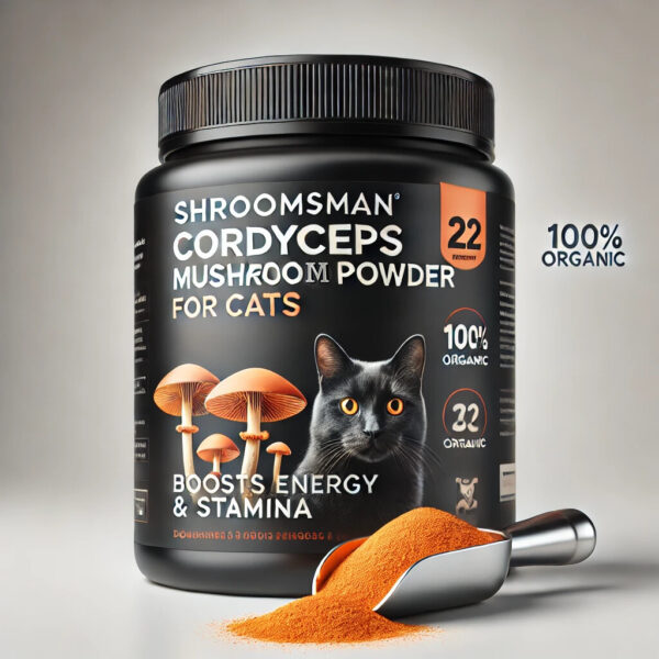 Black jar of Shroomsman Cordyceps Mushroom Powder for Cats, featuring an orange and black label with a small cat icon and an image of Cordyceps mushrooms. The label highlights '100% Organic', 'Boosts Energy & Stamina'. A mini scoop filled with bright orange Cordyceps powder is placed beside the jar on the ground.