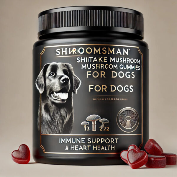 Shroomsman Shiitake Mushroom Gummies for Dogs, promoting immune support and heart health with an illustrated dog and heart-shaped gummies.