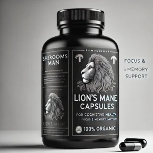 Black bottle of Shroomsman Lion’s Mane Capsules featuring a clean, modern label design. The label displays 'Lion's Mane Capsules' for cognitive health, focus, and memory support, with '100% Organic' prominently written. The bottle is set against a white background with a minimalistic, professional look.