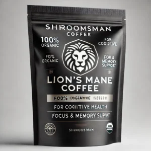 Sleek black coffee bag of Shroomsman Lion’s Mane Coffee, featuring a lion icon symbolizing strength and focus. The label includes '100% Organic', 'For Cognitive Health', and 'Focus & Memory Support'. The coffee bag is set against a clean white background for a modern, premium look.