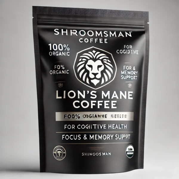 Sleek black coffee bag of Shroomsman Lion’s Mane Coffee, featuring a lion icon symbolizing strength and focus. The label includes '100% Organic', 'For Cognitive Health', and 'Focus & Memory Support'. The coffee bag is set against a clean white background for a modern, premium look.