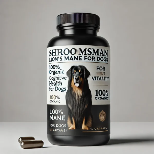 Black bottle of Shroomsman Lion’s Mane Capsules for Dogs, featuring an image of a dog on the label. The label highlights '100% Organic', 'For Cognitive Health', and 'Boosts Vitality'. Set against a clean white background, designed for brain health support in dogs.