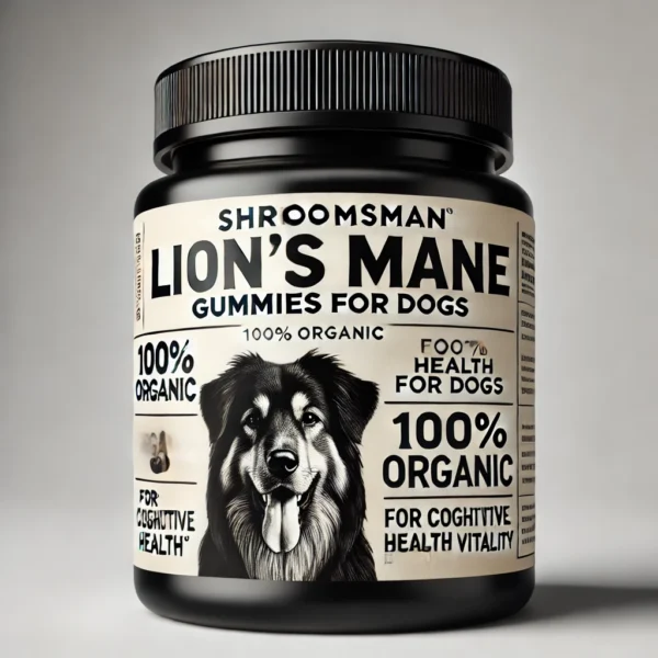 Black jar of Shroomsman Lion’s Mane Gummies for Dogs, featuring an image of a dog on the label. The label highlights '100% Organic', 'For Cognitive Health', and 'Boosts Vitality'. Set against a clean white background for a premium, pet-specific product.