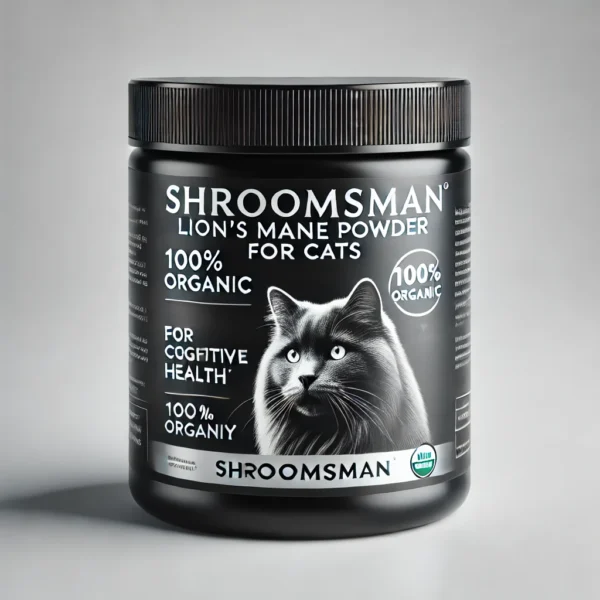 Black jar of Shroomsman Lion’s Mane Powder for Cats, featuring an image of a cat on the label. The label highlights '100% Organic', 'For Cognitive Health', and 'Boosts Vitality'. Set against a clean white background for a premium, pet-specific product.