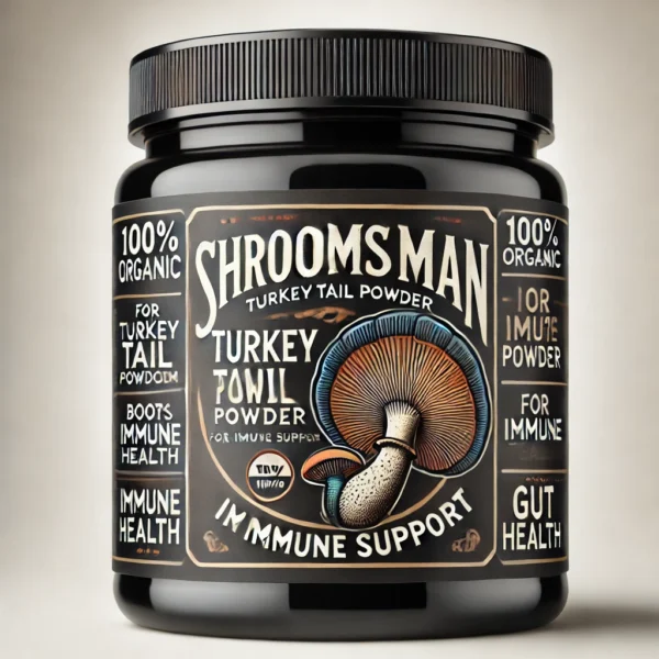 Black jar of Shroomsman Turkey Tail Powder for Immune Support, featuring an image of Turkey Tail mushrooms on the label. The label highlights '100% Organic', 'For Immune Support', and 'Boosts Gut Health'. Set against a clean white background for a professional, premium product design.