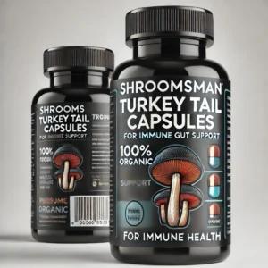 Sleek black bottle of Shroomsman Turkey Tail Capsules for Immune Support, featuring a detailed image of Turkey Tail mushrooms on the label. The label highlights '100% Organic', 'For Immune Support', and 'Boosts Gut Health'. Set against a clean white background for a premium look.