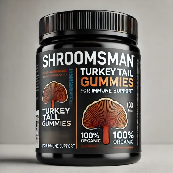 Sleek black jar of Shroomsman Turkey Tail Gummies for Immune Support, featuring a fan-like design inspired by Turkey Tail mushrooms. The label highlights '100% Organic', 'For Immune Support', and 'Boosts Gut Health', set against a clean white background for a premium look