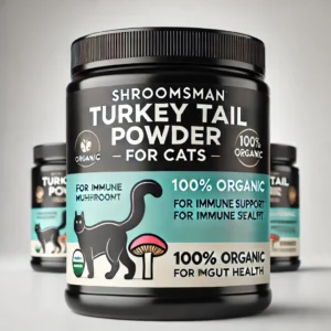 Black jar of Shroomsman Turkey Tail Powder for Cats, featuring a cat icon and an image of Turkey Tail mushrooms on the label. The label highlights '100% Organic', 'For Immune Support', and 'Boosts Gut Health'. Set against a clean white background for a professional look.