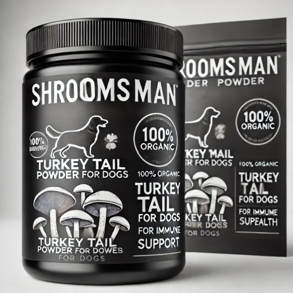 Black jar of Shroomsman Turkey Tail Powder for Dogs, featuring a dog icon and an image of Turkey Tail mushrooms on the label. The label highlights '100% Organic', 'For Immune Support', and 'Boosts Gut Health'. Set against a clean white background for a premium look.