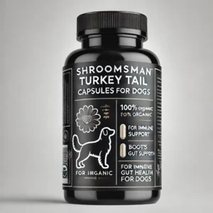 Black bottle of Shroomsman Turkey Tail Capsules for Dogs, featuring a dog icon and an image of Turkey Tail mushrooms on the label. The label highlights '100% Organic', 'For Immune Support', and 'Boosts Gut Health'. Set against a clean white background for a premium look.