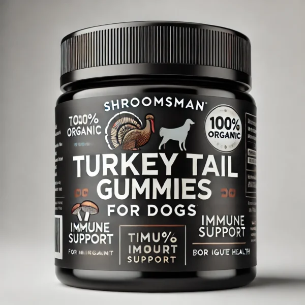 Black jar of Shroomsman Turkey Tail Gummies for Dogs, featuring a dog icon and an image of Turkey Tail mushrooms on the label. The label highlights '100% Organic', 'For Immune Support', and 'Boosts Gut Health'. Set against a clean white background for a professional look.