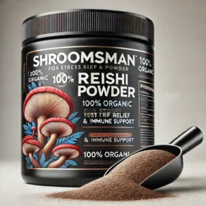 Black jar of Shroomsman Reishi Powder for Stress Relief and Immune Support, featuring a scoop of Reishi powder placed next to the jar. The label highlights '100% Organic', 'For Stress Relief & Immune Support', with an image of Reishi mushrooms on the label. Set against a clean white background for a professional look.