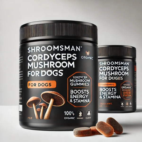 Black jar of Shroomsman Cordyceps Mushroom Gummies for Dogs, featuring an orange and black label with a small dog icon and an image of Cordyceps mushrooms. The label highlights '100% Organic', 'Boosts Energy & Stamina'. A few Cordyceps gummies are placed beside the jar on the ground.