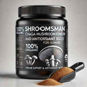 Black jar of Shroomsman Chaga Mushroom Powder for Immune Support and Antioxidant Boost, featuring an orange and black label with an image of Chaga mushrooms. A mini scoop filled with Chaga powder is placed beside the jar, showcasing the 100% organic supplement. Set against a clean white background.