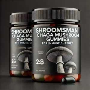 Shroomsman Chaga Mushroom Gummies for Immune Support in a premium black jar with vibrant gummies beside it