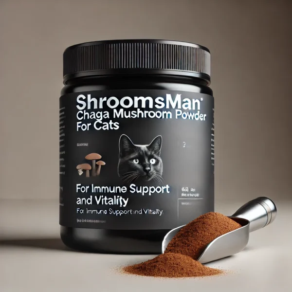 Shroomsman Chaga Mushroom Powder for Cats - Immune Support and Vitality in a premium black jar with powder and scoop beside it