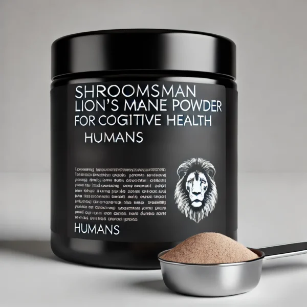 Shroomsman Lion’s Mane Powder for Cognitive Health in a premium black jar with powder scoop beside it