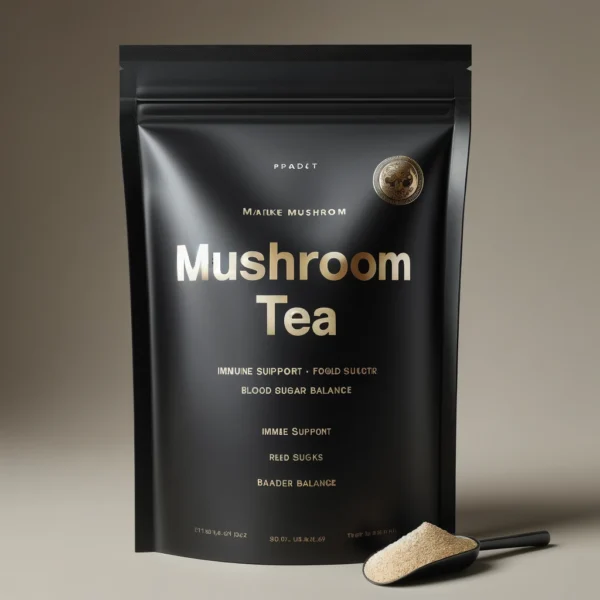 Maitake Mushroom Tea for Immune Support and Blood Sugar Balance in a premium black zip-lock bag with gold accents.