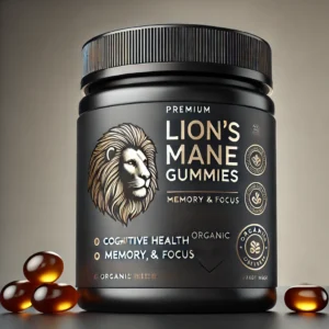 Premium Lion's Mane gummies for cognitive health, memory, and focus support in a sleek black jar with organic certification.