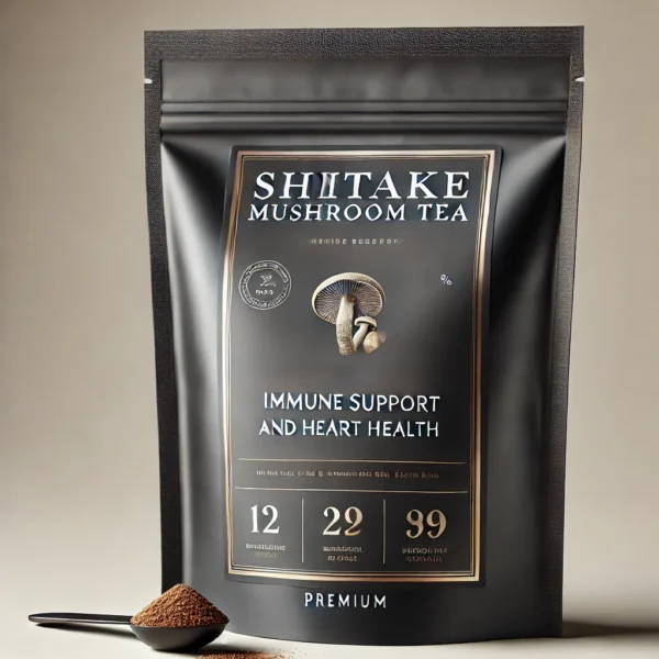 Shiitake Mushroom Tea for Immune Support and Heart Health in a premium black zip-lock bag with gold accents.