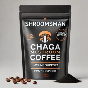 Shroomsman Chaga Mushroom Coffee in a premium ziplock bag, offering immune support and antioxidant boost, with coffee beans and ground coffee beside the package