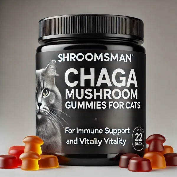 Shroomsman Chaga Mushroom Gummies for Cats - Immune Support and Vitality in a premium black jar with vibrant gummies beside it