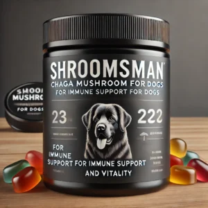 Shroomsman Chaga Mushroom Gummies for Dogs - Immune Support and Vitality in a premium black jar with vibrant gummies beside it