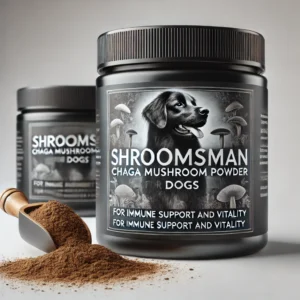 Shroomsman Chaga Mushroom Powder for Dogs - For Immune Support and Vitality in a premium black jar with a dog image and powder scoop beside it.