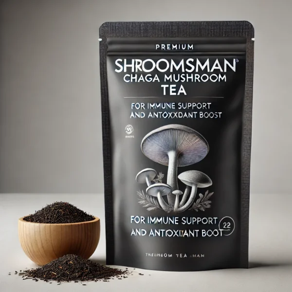 Shroomsman Chaga Mushroom Tea for Immune Support and Antioxidant Boost in a premium black tea pack with loose tea leaves beside it