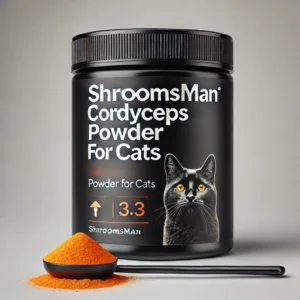 Shroomsman Cordyceps Powder for Cats - Energy and Stamina in a premium black jar with orange powder and cat image on the label