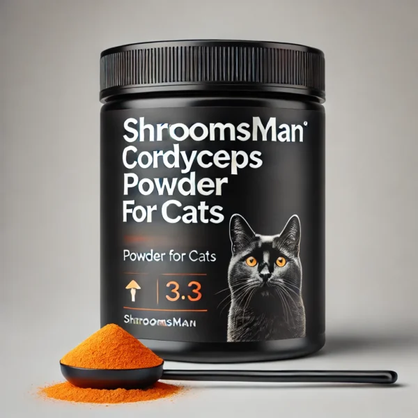 Shroomsman Cordyceps Powder for Cats - Energy and Stamina in a premium black jar with orange powder and cat image on the label