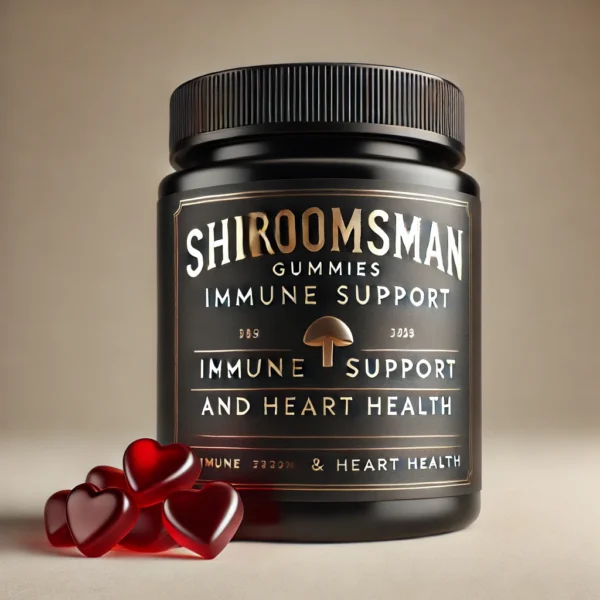 Shroomsman Gummies for Immune Support and Heart Health in a premium black jar with gold accents and red heart-shaped gummies displayed.