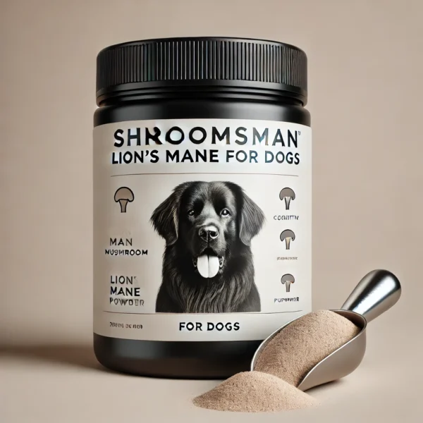 Shroomsman Lion’s Mane supplement for dogs in a sleek black jar with scoop of Lion’s Mane powder, designed for cognitive health and wellness support for dogs.