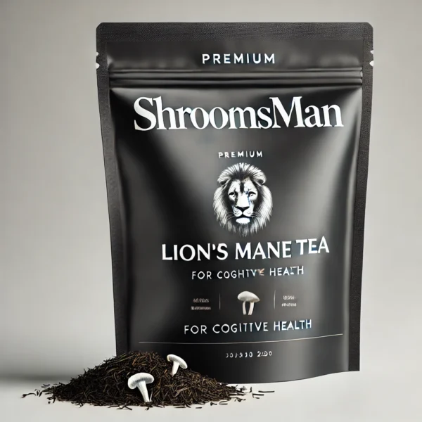 Shroomsman Lion’s Mane Tea for Cognitive Health in a sleek black ziplock bag with loose tea leaves beside it