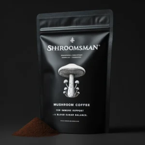 Shroomsman Maitake Mushroom Coffee in a premium black ziplock bag for immune support and blood sugar balance, with a minimalist design and mushroom illustration.