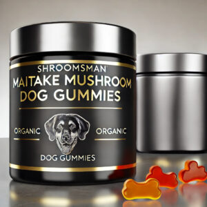 Shroomsman Maitake Mushroom Dog Gummies – Immune Support and Blood Sugar Balance in a premium black jar with gold accents and orange, dog bone-shaped gummies.