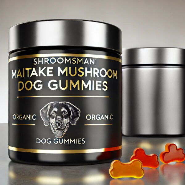 Shroomsman Maitake Mushroom Dog Gummies – Immune Support and Blood Sugar Balance in a premium black jar with gold accents and orange, dog bone-shaped gummies.