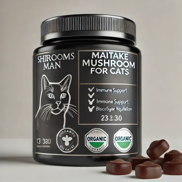 Shroomsman Maitake Mushroom Gummies for Cats – Immune Support and Blood Sugar Regulation with organic certification in a premium black jar.