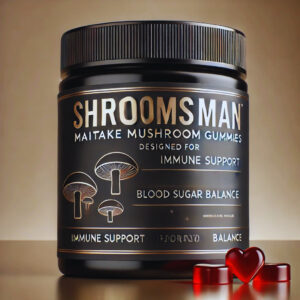 Shroomsman Maitake Mushroom Gummies – Immune Support and Blood Sugar Balance in a premium black jar with gold accents and red heart-shaped gummies.