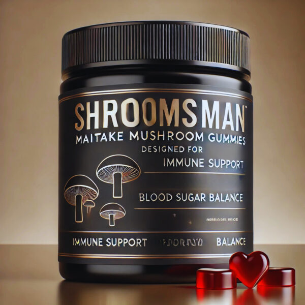 Shroomsman Maitake Mushroom Gummies – Immune Support and Blood Sugar Balance in a premium black jar with gold accents and red heart-shaped gummies.