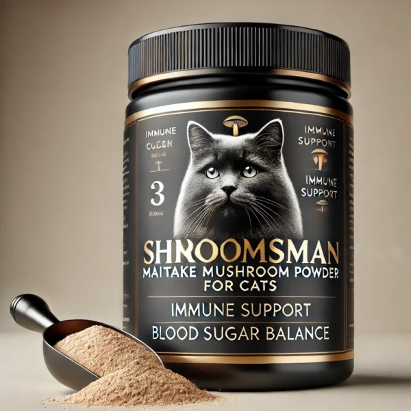 Shroomsman Maitake Mushroom Powder for Cats – Immune Support and Blood Sugar Balance with a premium black jar, gold accents, and a scoop of white-brownish powder.