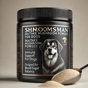 Shroomsman Maitake Mushroom Powder for Dogs – Immune Support and Blood Sugar Balance with a premium black jar, gold accents, and a scoop of white-brownish powder.