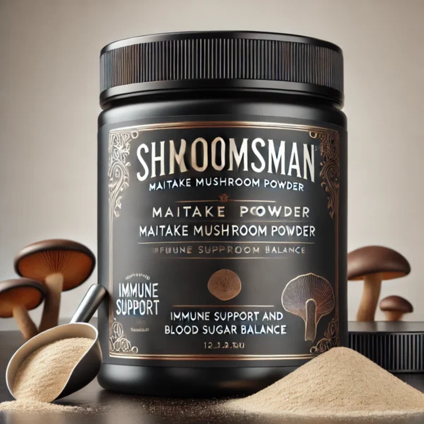 Shroomsman Maitake Mushroom Powder – Immune Support and Blood Sugar Balance in a premium black jar with gold accents and a scoop of white-brownish powder.