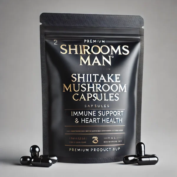 Shroomsman Shiitake Mushroom Capsules for Immune Support and Heart Health in a premium black zip-lock bag with gold accents.