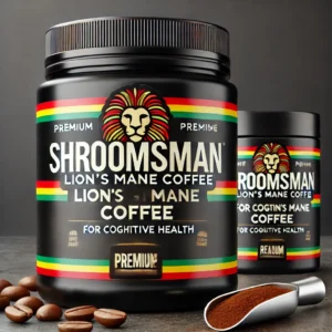 Shroomsman Lion’s Mane Coffee for Cognitive Health in a premium black jar with a rasta-themed label, coffee beans, and ground coffee scoop